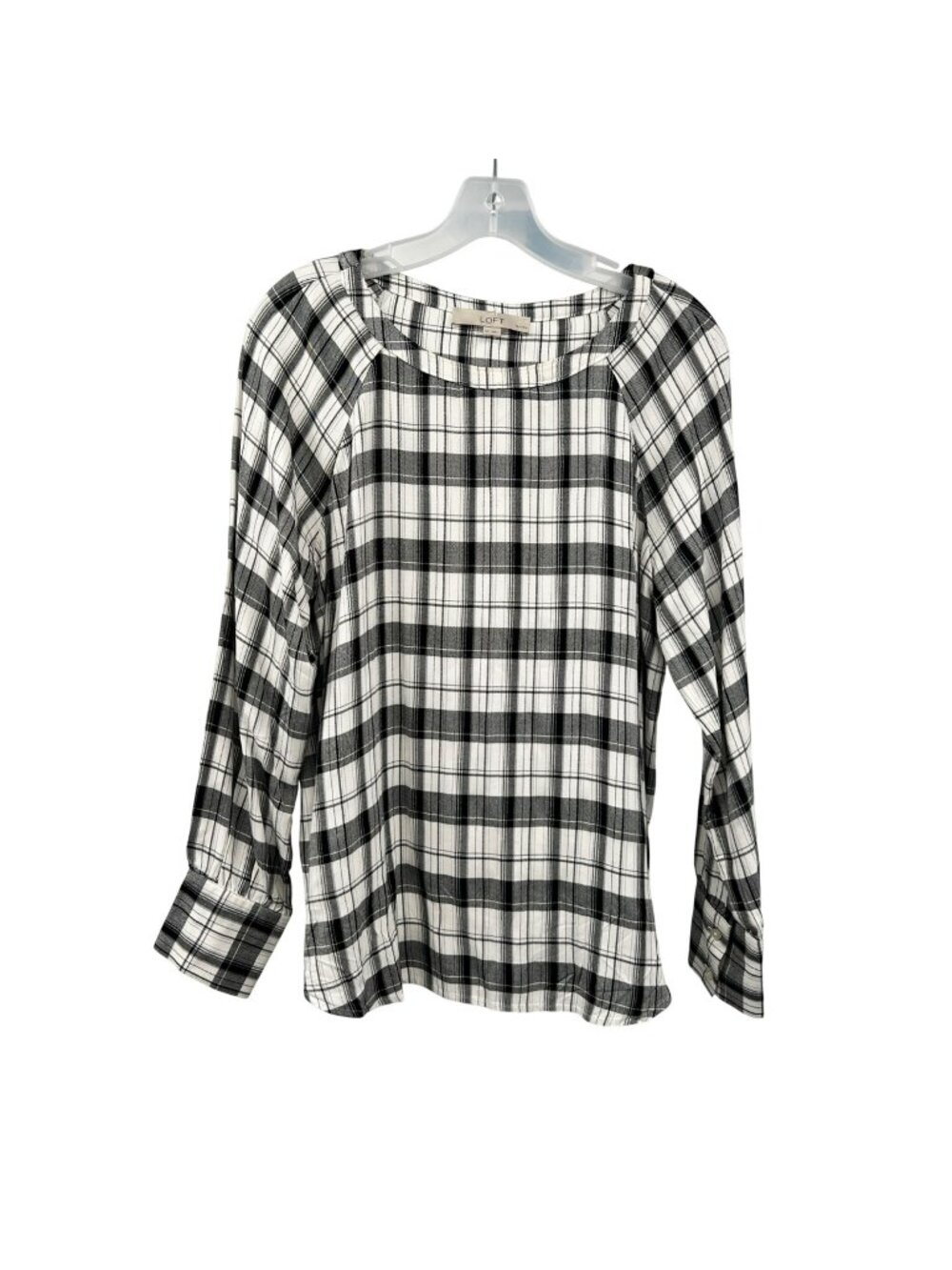Loft Womens Plaid Blouse Long Sleeve Pullover White/Black Size MP